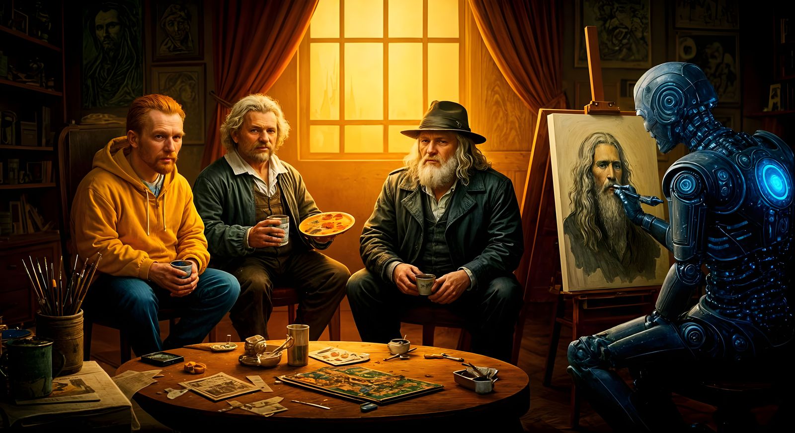 Three Art Masters Unite with AI in a Futuristic Studio