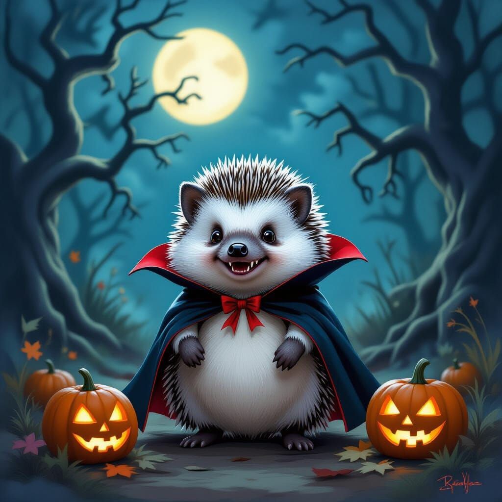 Vampire Hedgehog Halloween Portrait in Textured Color Style