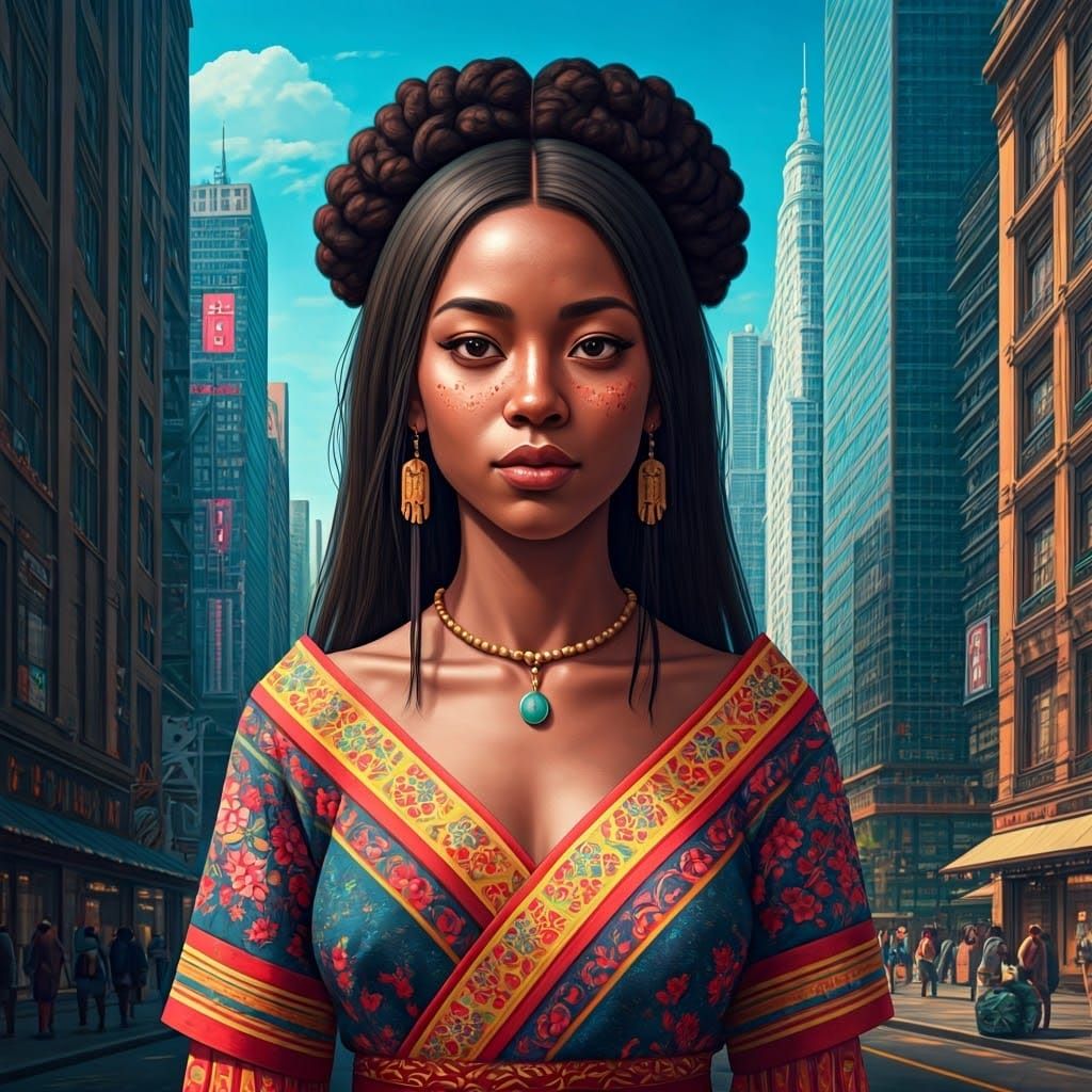 Vibrant Woman in Cityscape, Inspired by Digital Art