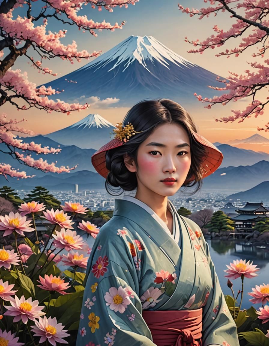 Mystical Woman-Flower with Mount Fuji Backdrop
