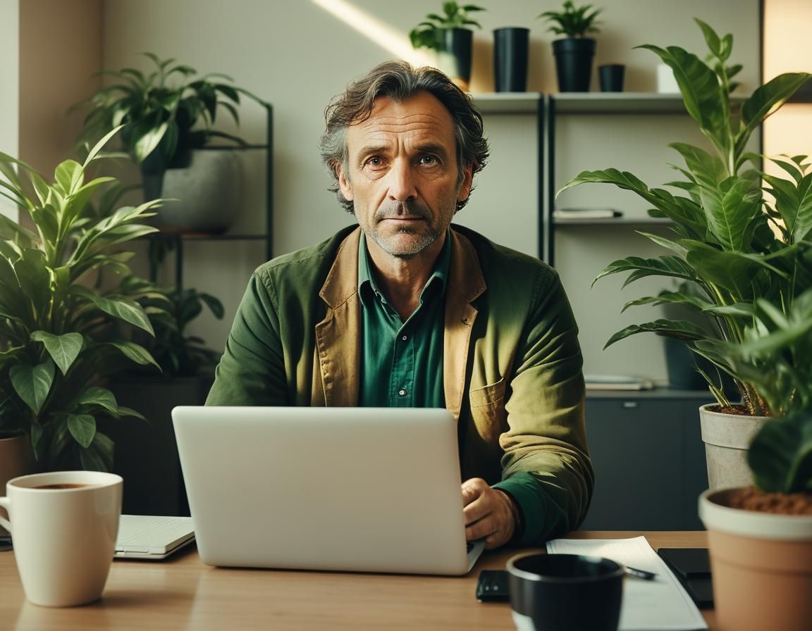 Middle-Aged Man in Office with Warm Cinematic Lighting