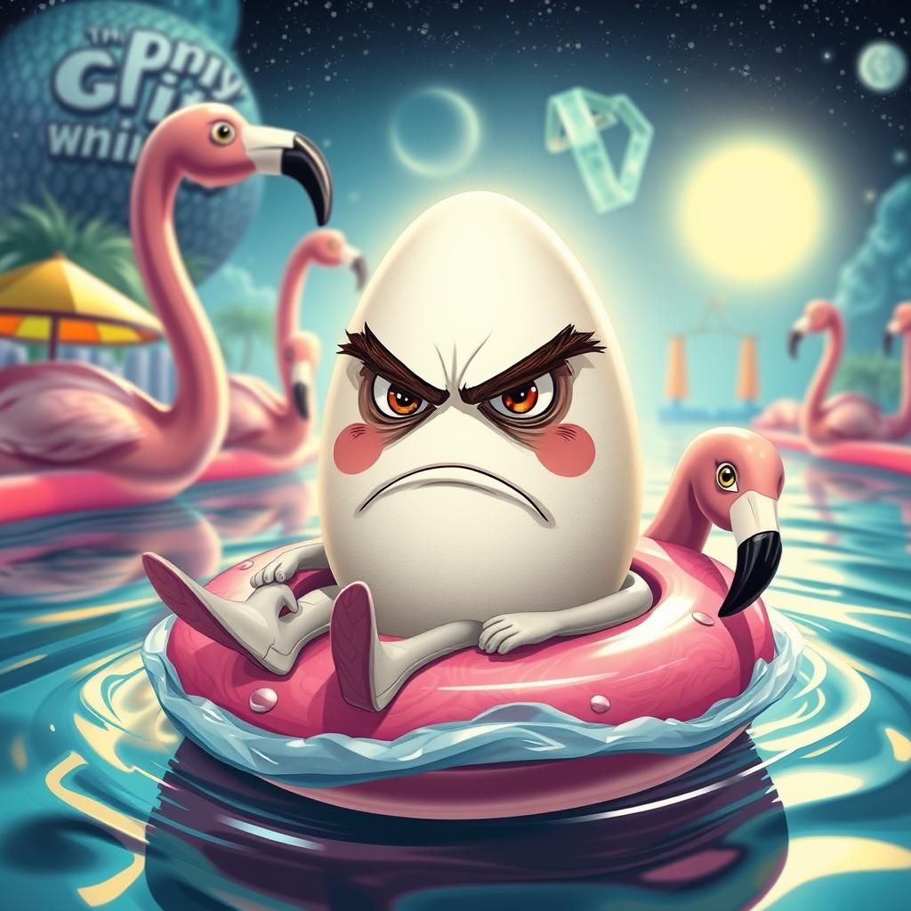 Angry Egg in Flamingo Float: Cosmic Illustration