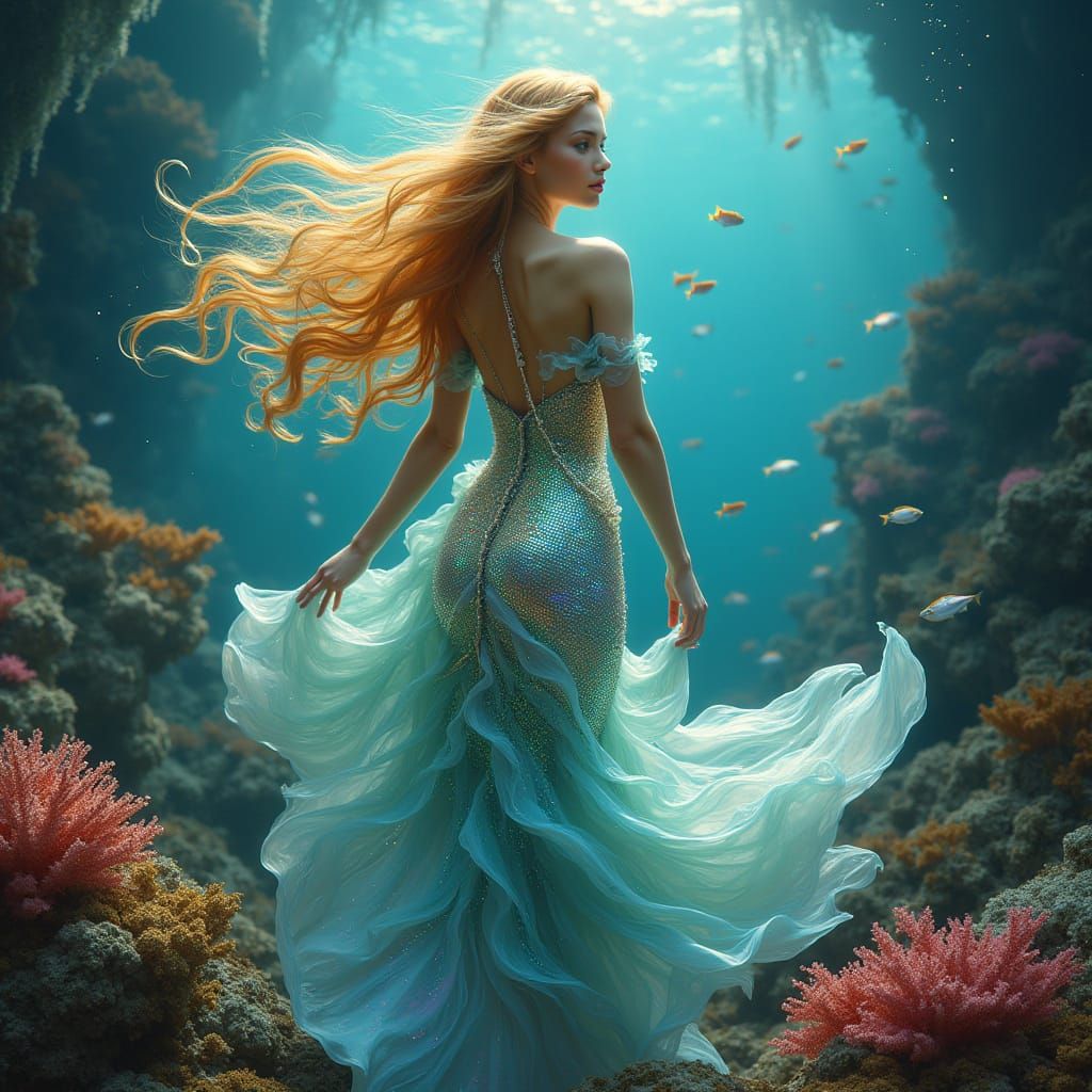 Surreal Goddess Transforms into Shimmering Fish, Set Amidst ...