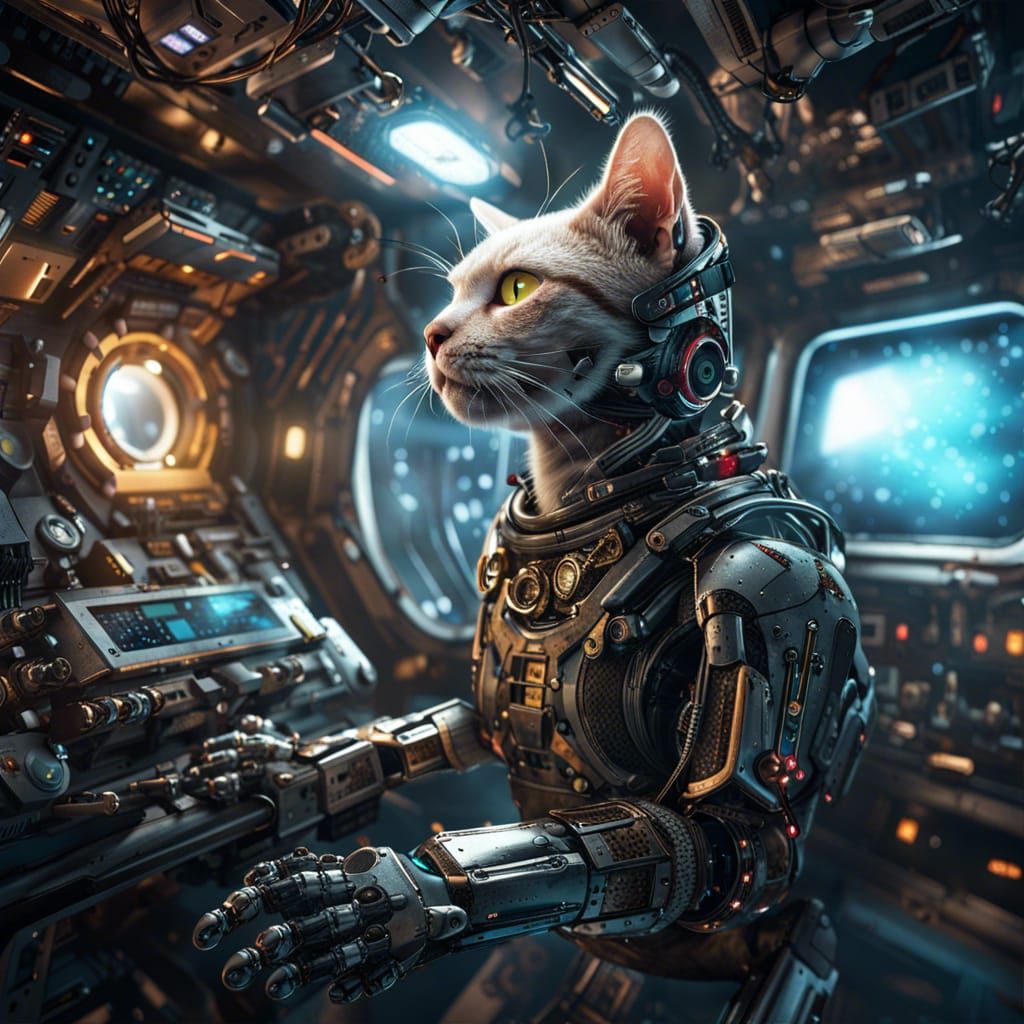 Robot Cat in Futuristic Space Station: Digital Illustration