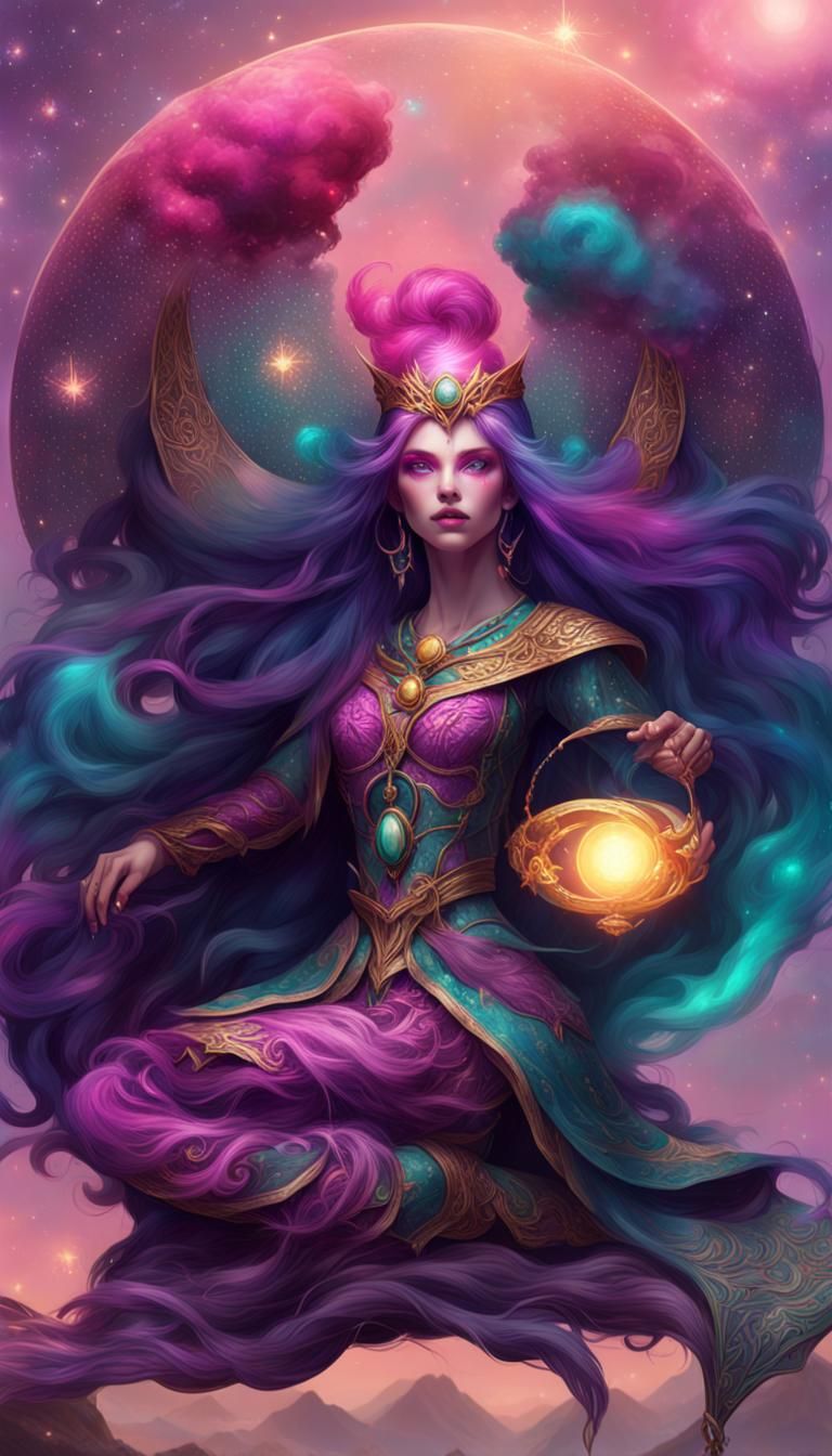 Celestial Sorceress with Stardust Hair in Digital Art