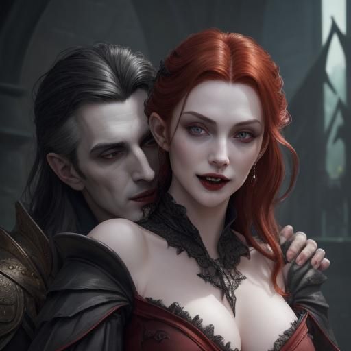 Vampire Strahd About to Bite a Redhead, Dark Fantasy