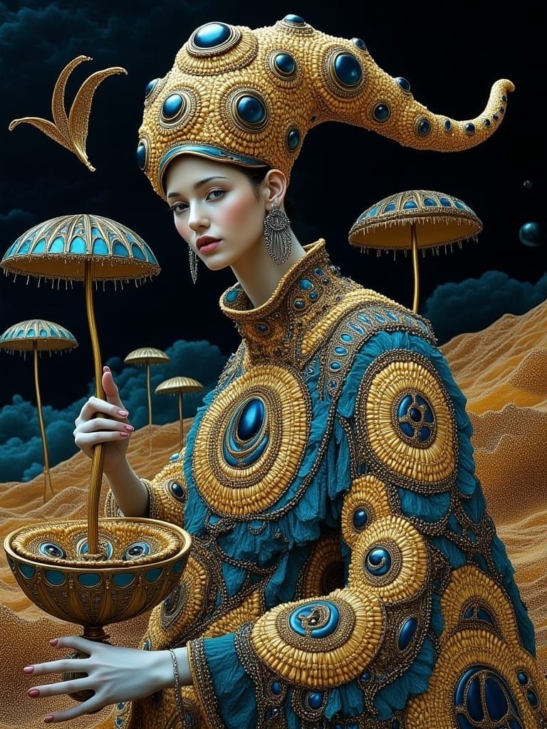 Surreal Queen on Stage in Alien Landscape