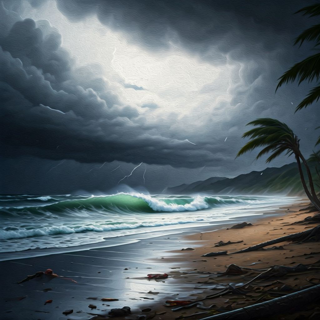 Stormy Black and White Beach with Mermaid, Oil Painting