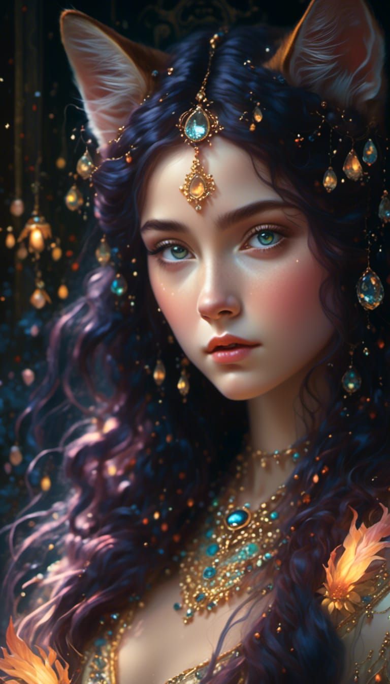 Mystical Cat-Human Goddess Portrait in Digital Painting Styl...
