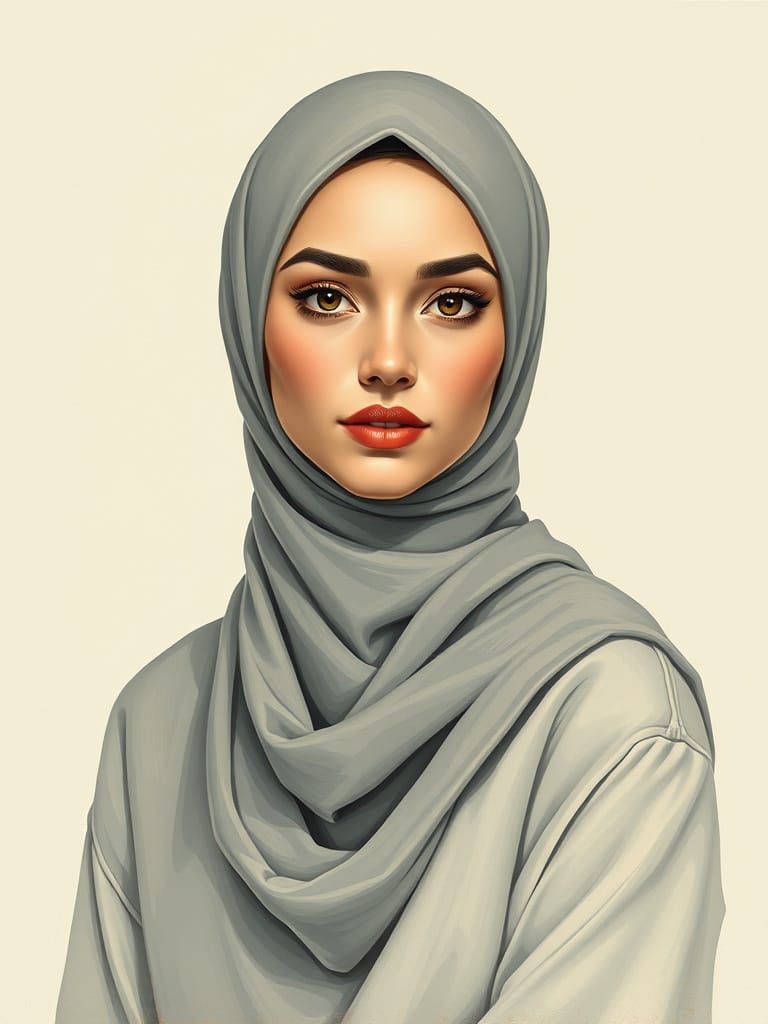 Beautiful Hijabi Woman Portrait, Minimalist Painting