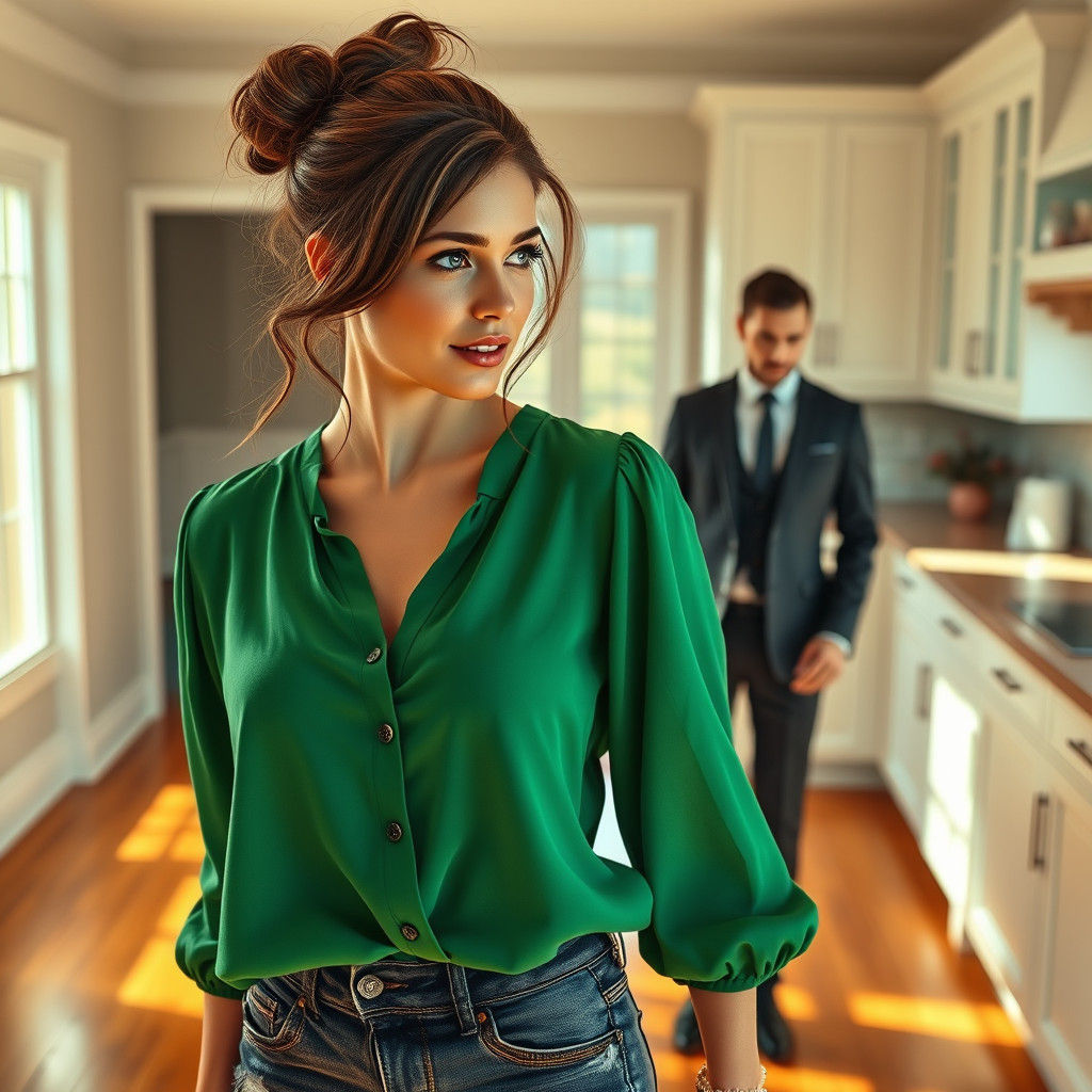 Brunette Woman in Kitchen, Hyper-Realistic Fantasy Art