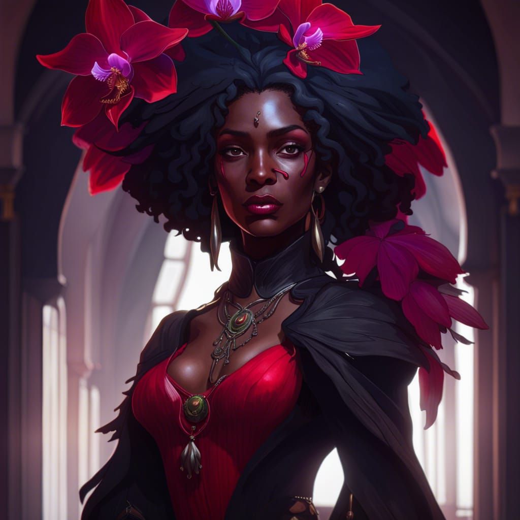 Orchid Raven Witch Portrait in Hyperdetailed Style
