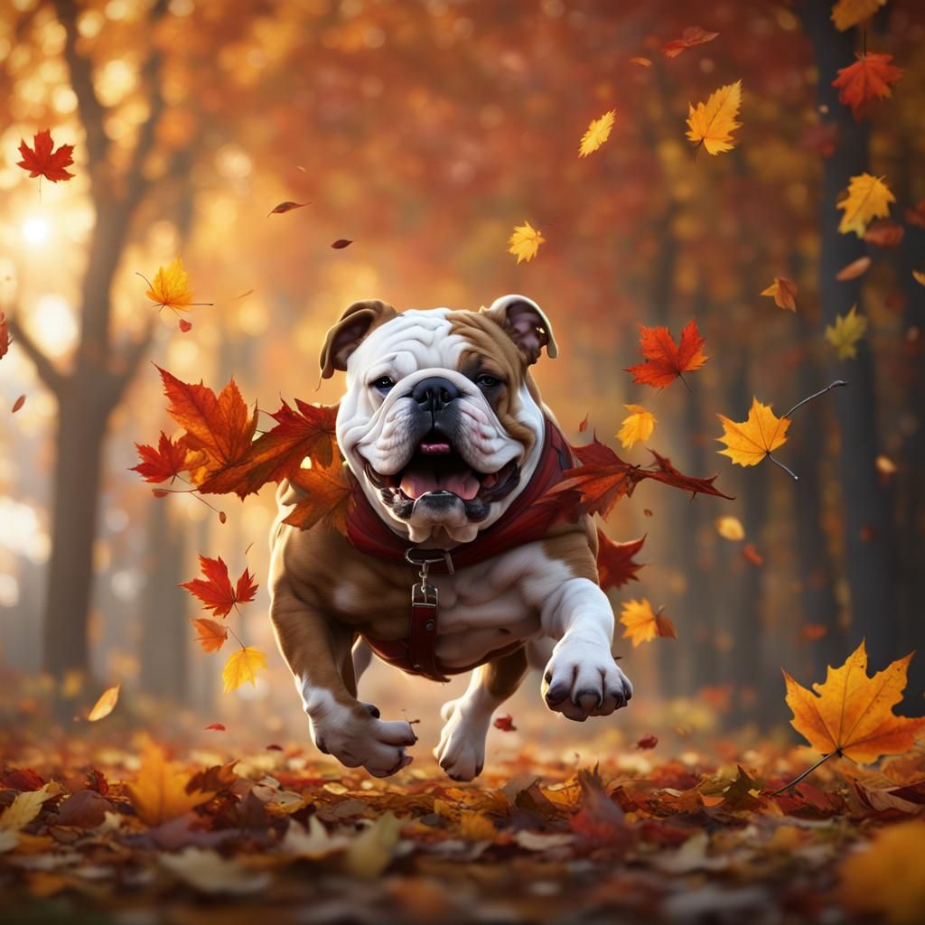 Happy Bulldog Playing in Autumn Leaves