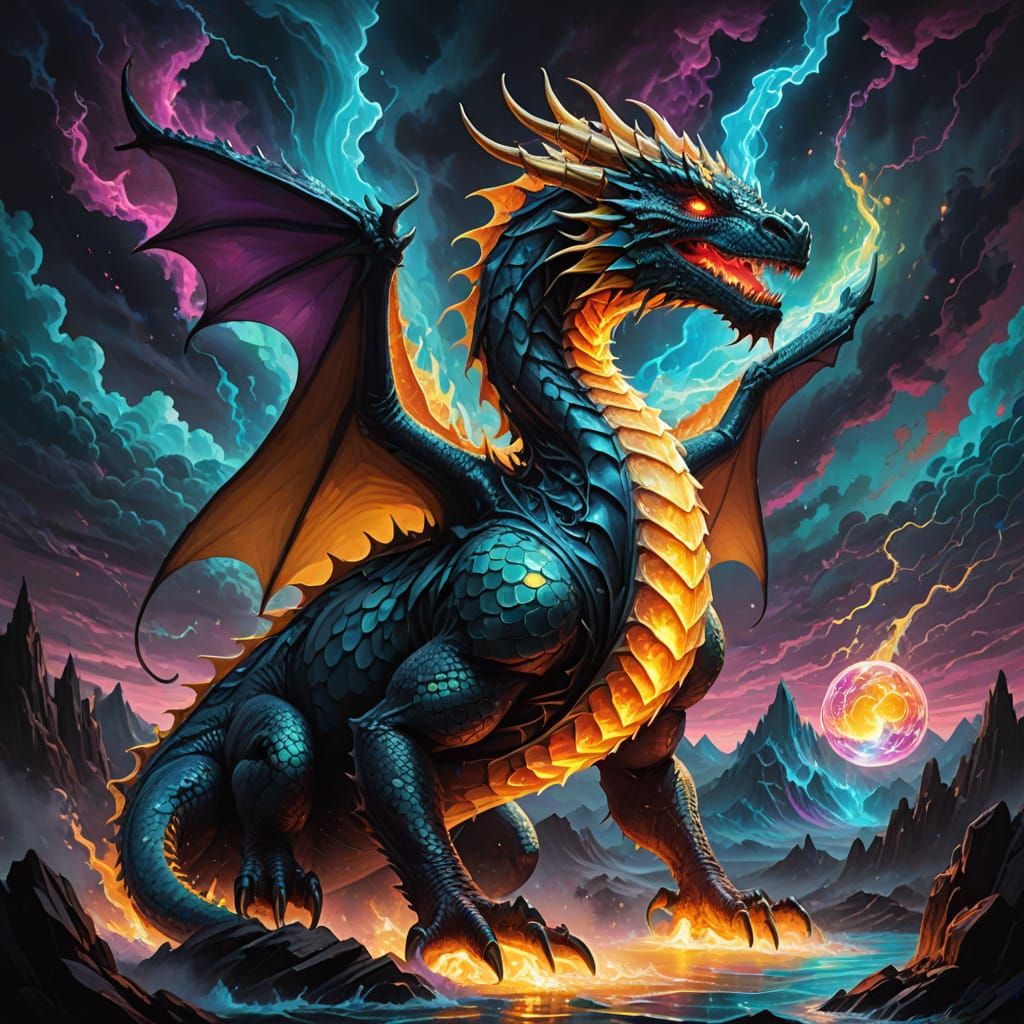 Iridescent Dragon Silhouette with Crystalline Eggs