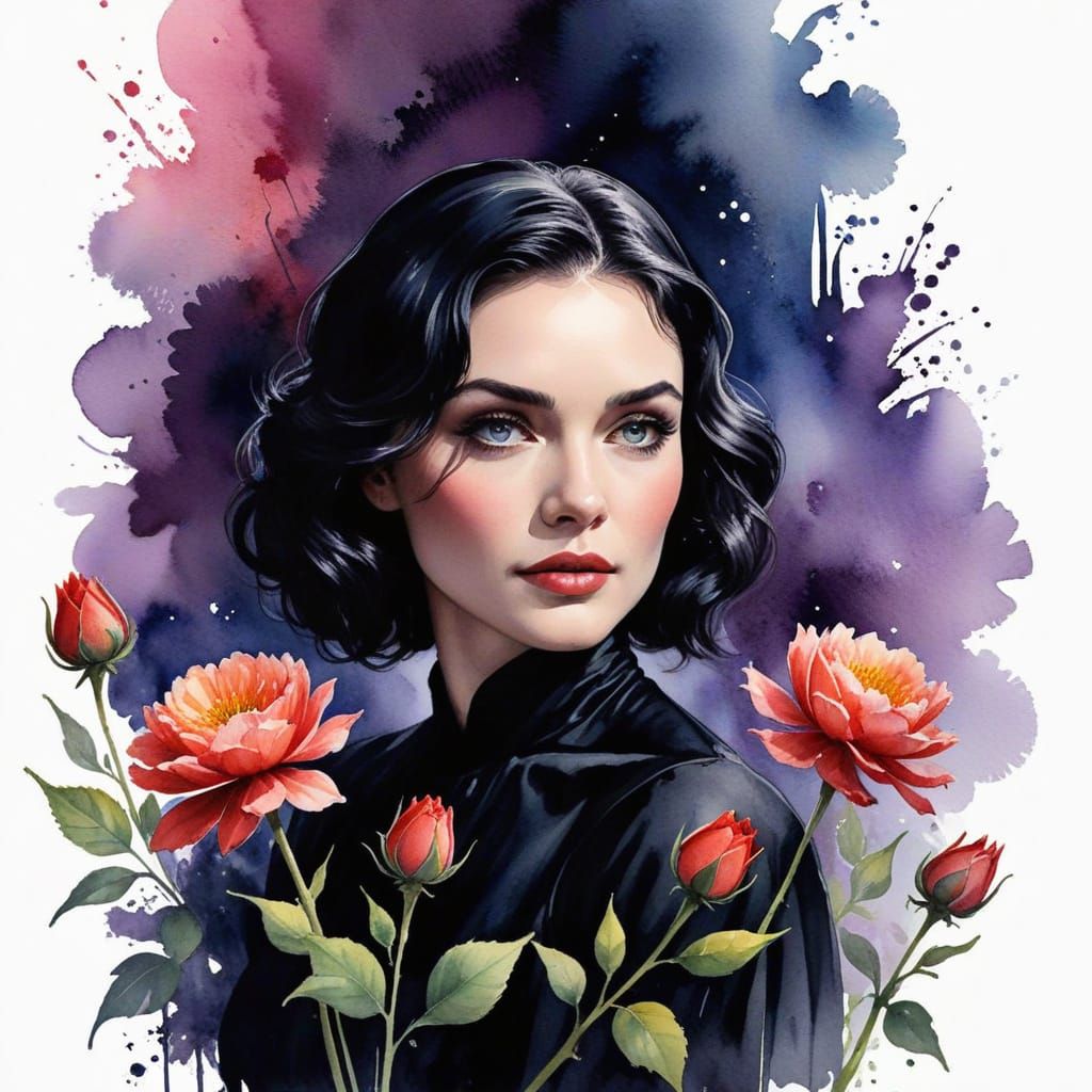 Vibrant flower blooming watercolor textures of a classic Hollywood cinematography reminiscent of a Gothic cathedral in m...
