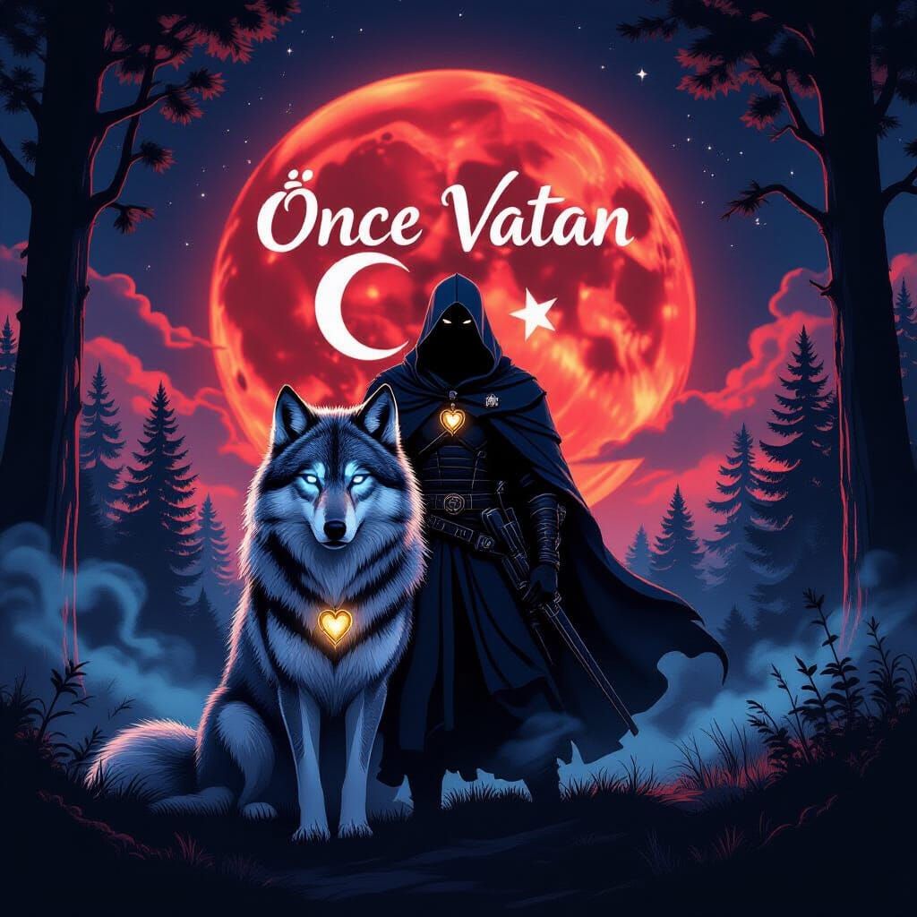 Mysterious Turkish Commando and Wolf Under Blood Moon Flag