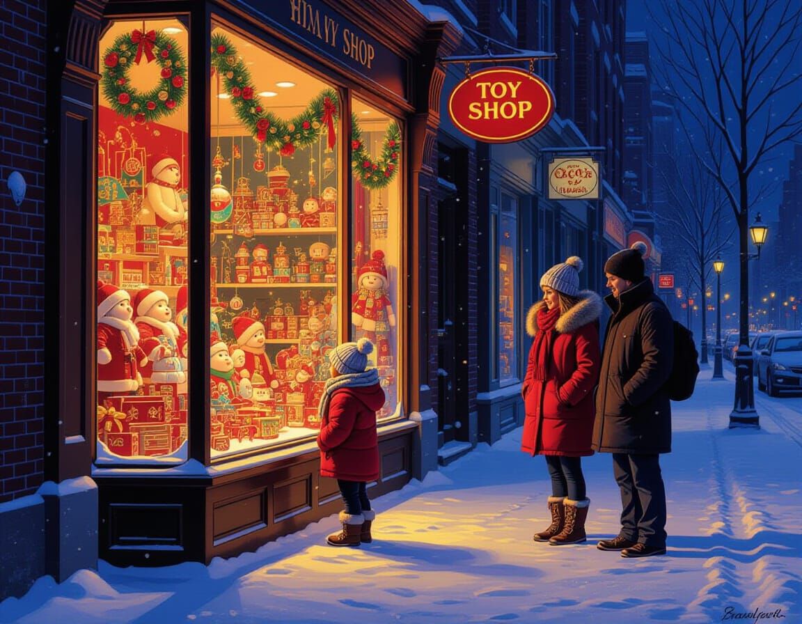 Magical Toy Shop Window on Snowy Night
