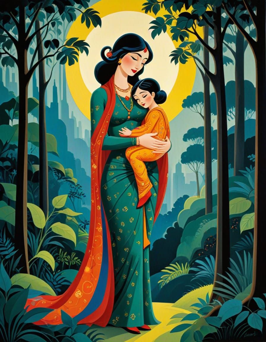 Motherly Love in Vibrant Kalighat Style