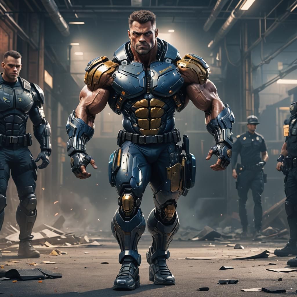 Cyborg Bodybuilder in Police Uniform: Detailed Digital Art