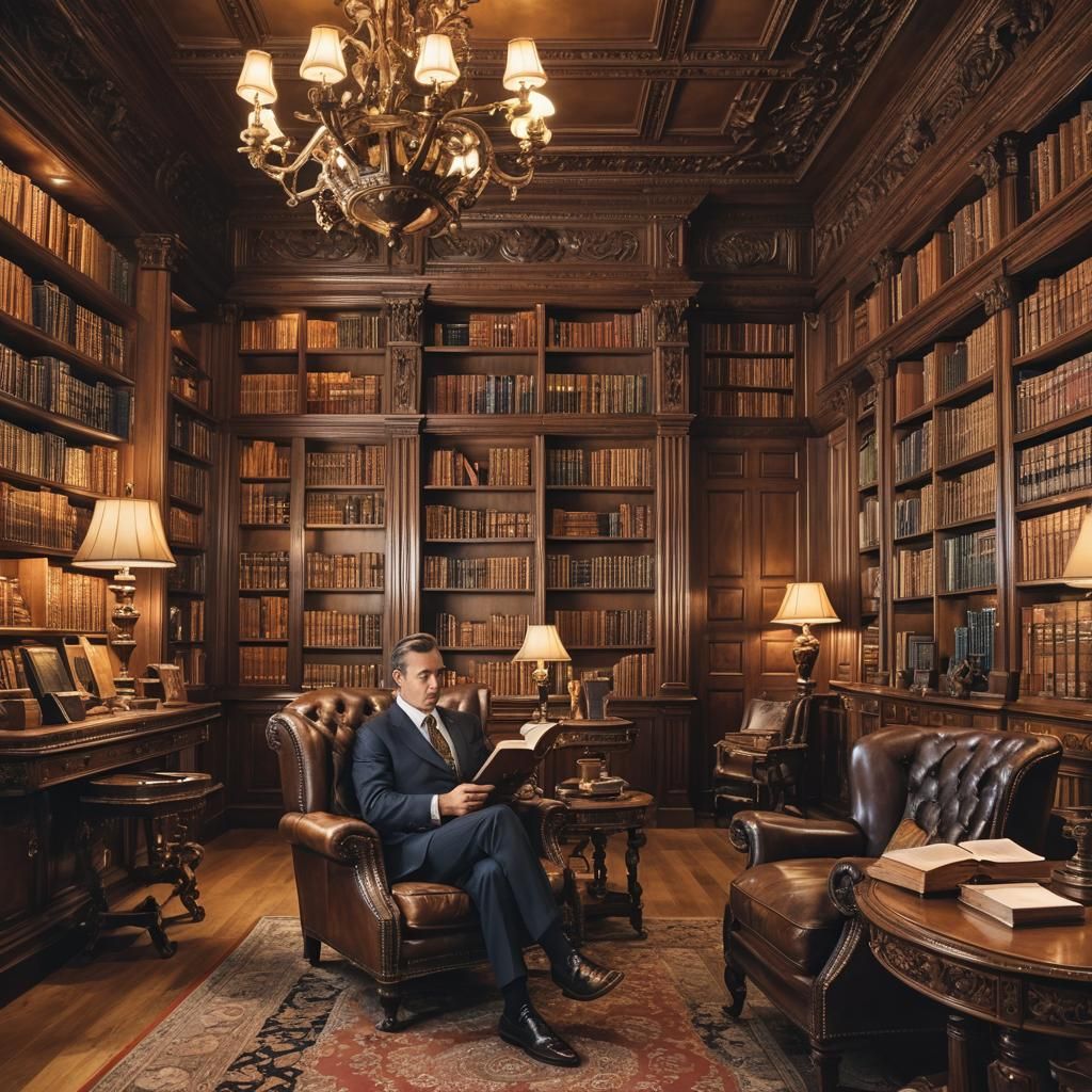 Luxurious Study-Library with Gentleman Reading