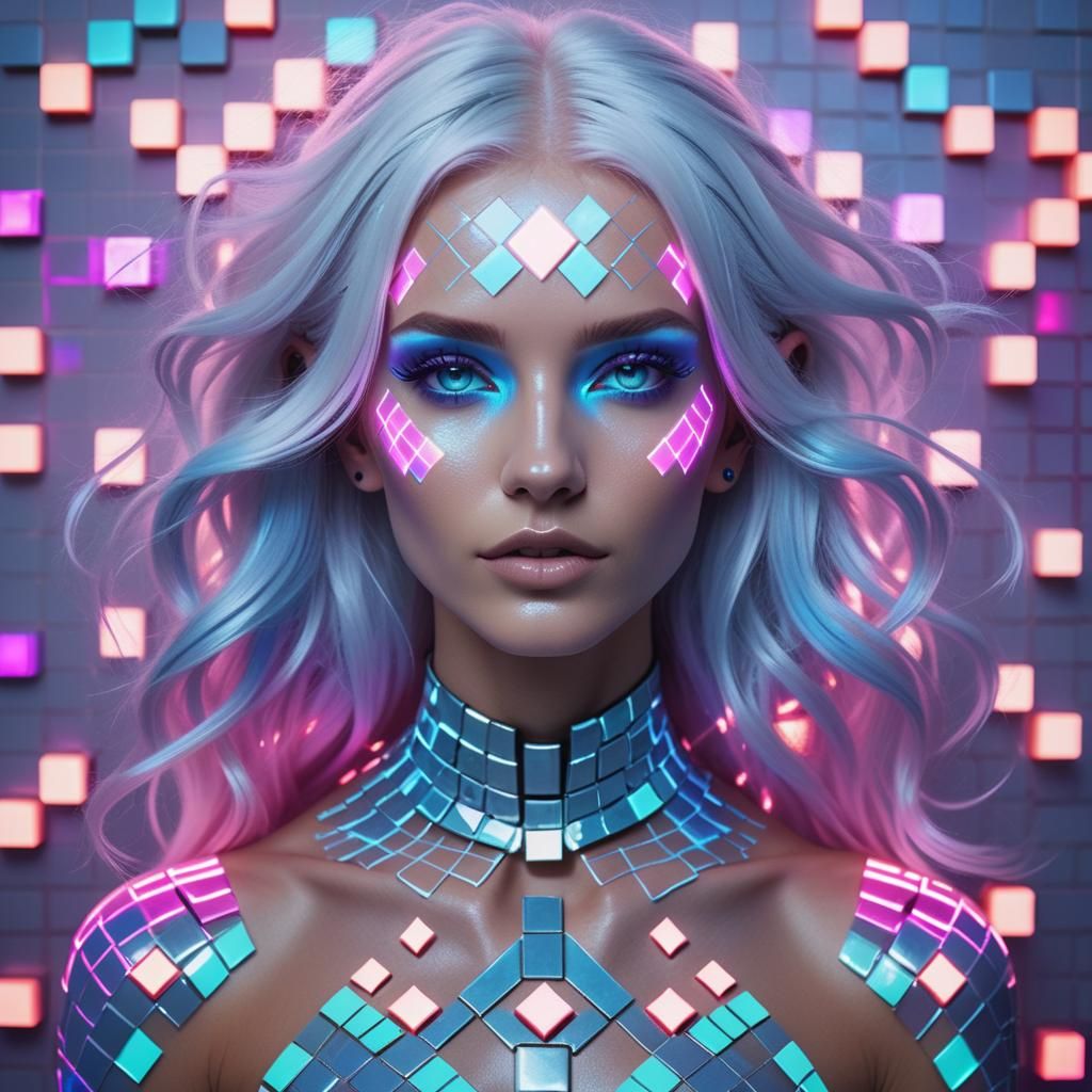 Electric Neon Girl with Disco Tiles and Tattoos