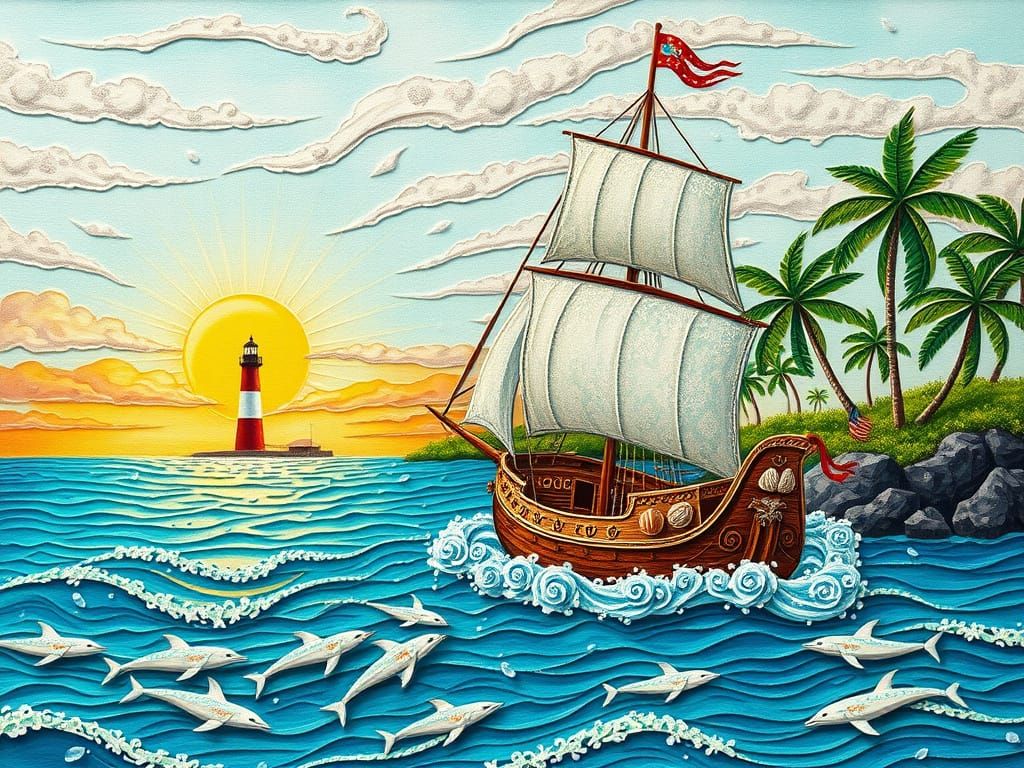 Majestic Ship Sails Across Turquoise Ocean in Impasto Style