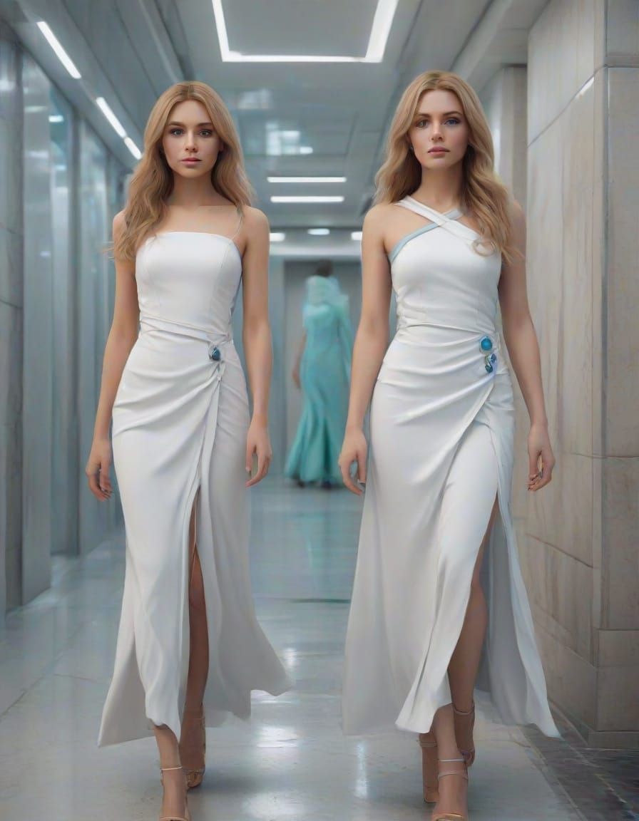 Sisters Walking in Futuristic Laboratory Hallway