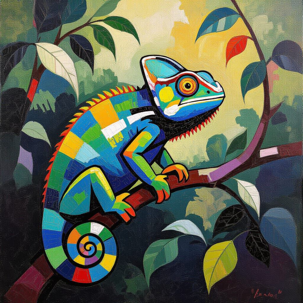 Neo-Impressionist Chameleon Amidst Lush Foliage