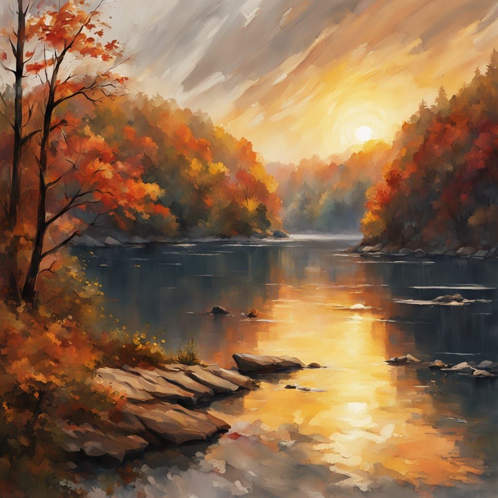 Fall Sunrise Over Lake Cumberland Watercolor Landscape