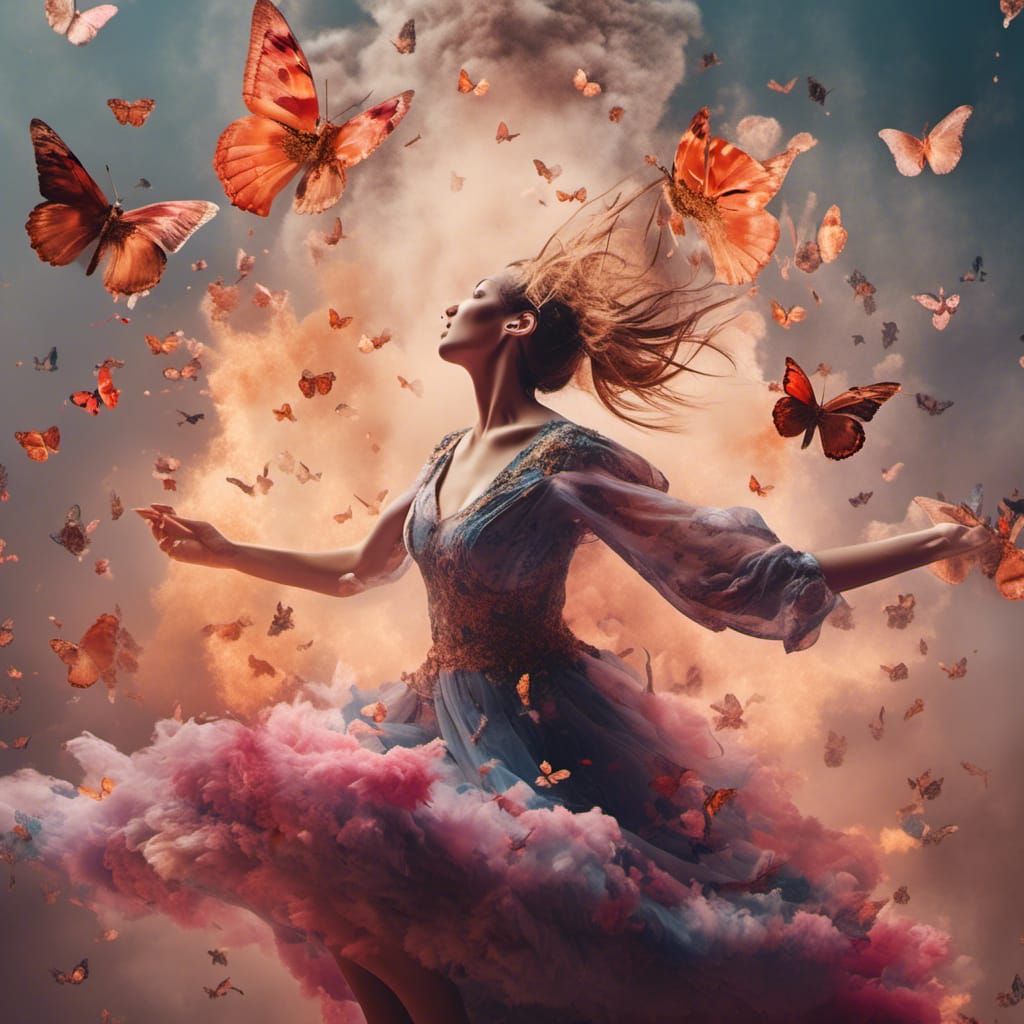 Dancing Woman Disintegrating into Butterflies: Digital Art