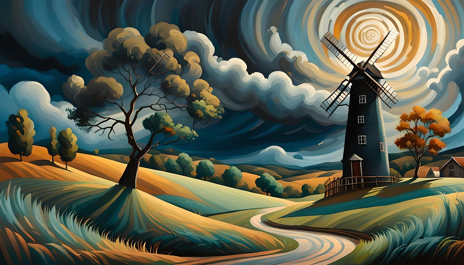Windmill in Windy Landscape with Rolling Hills