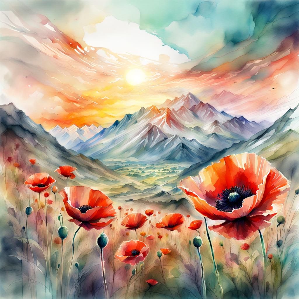 Poppies and Mountains in Digital Watercolor Art