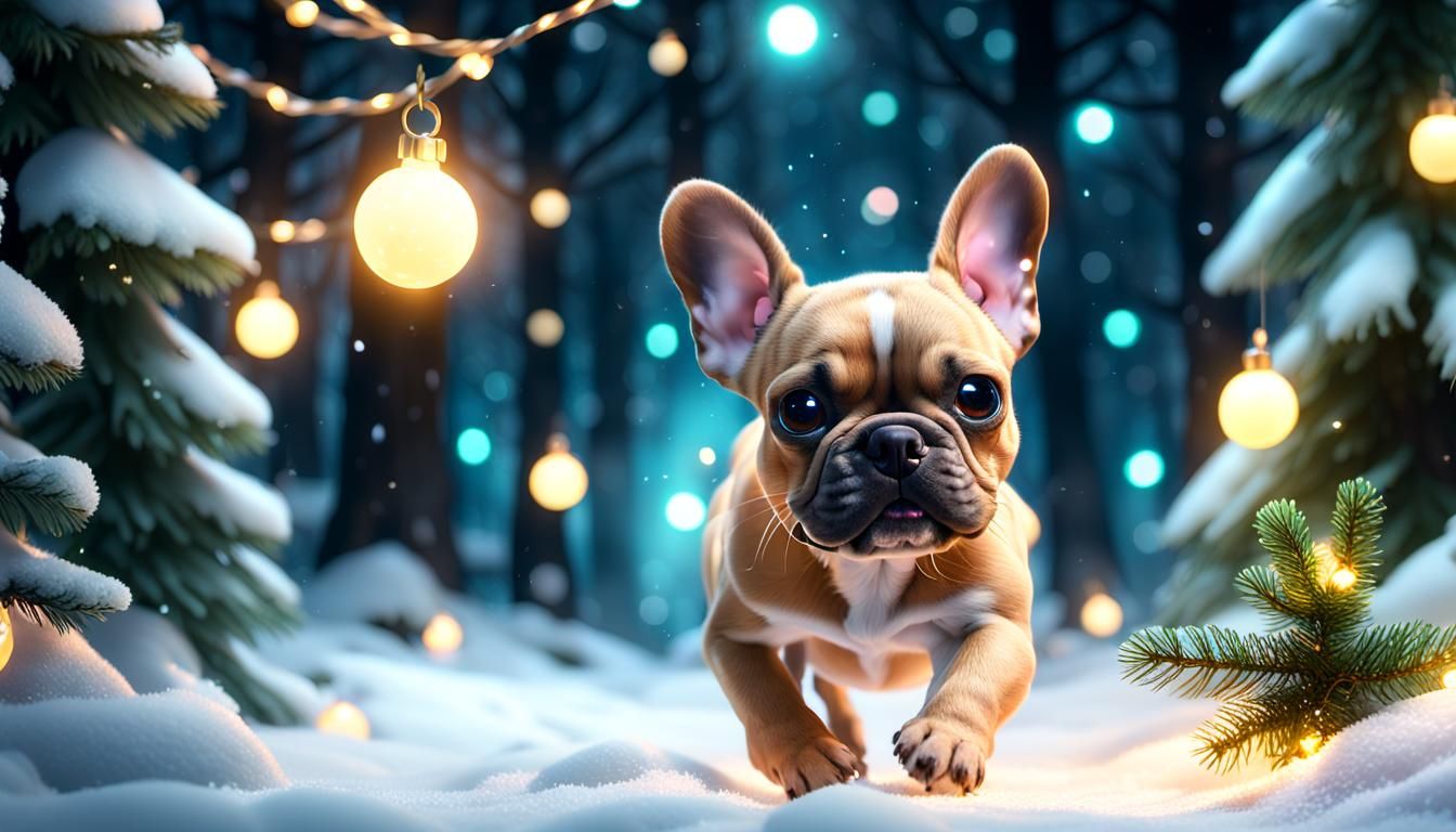 Surreal Christmas Night, French Bulldog Chases Elf in Snowy....