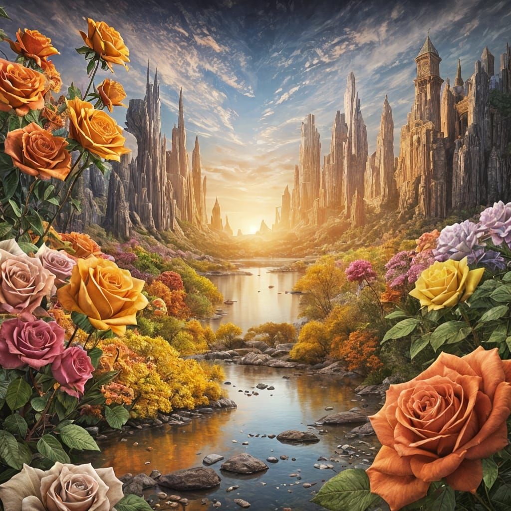 Fractal Rose Panorama in Amber and Blue-Grey