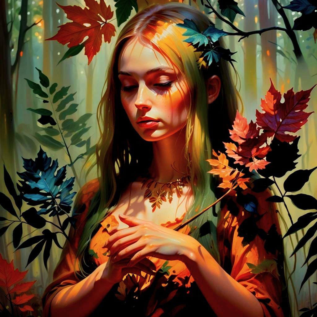 Eerie Sunset in Dense Forest Oil Painting