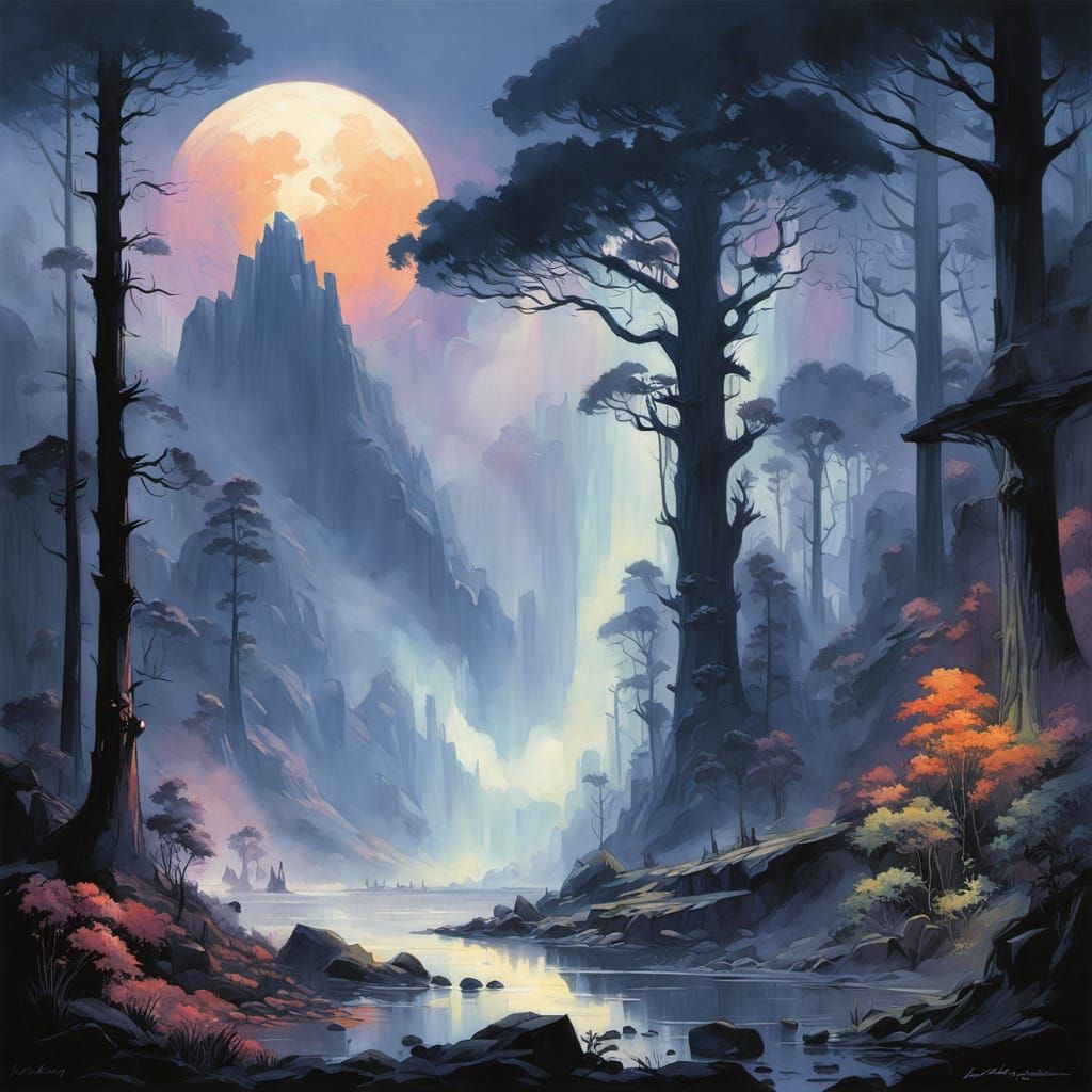 Ethereal Watercolor Forest With Distant Volcano and Prehisto...