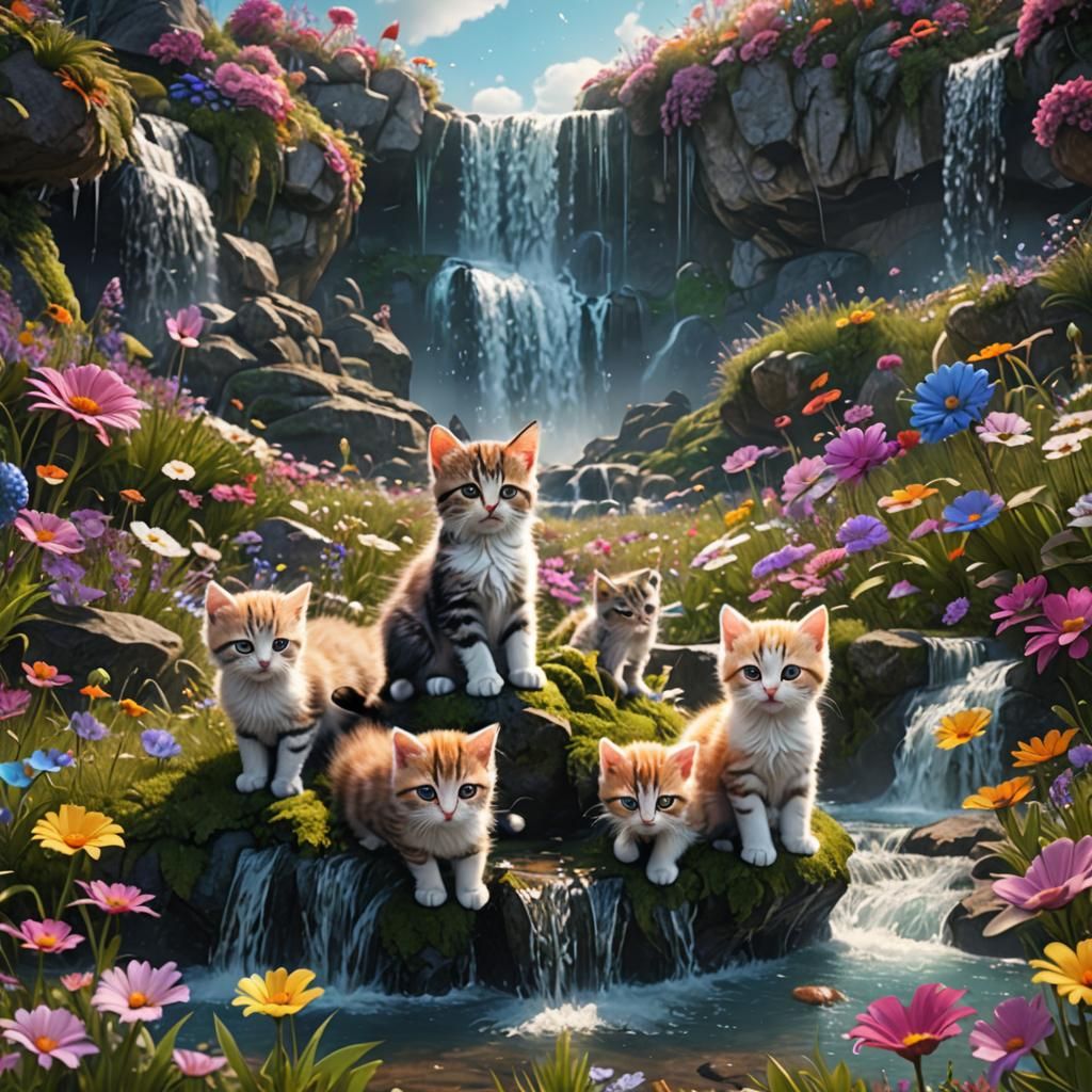 Kittens on Mystical Planet Flower Meadow Waterfall