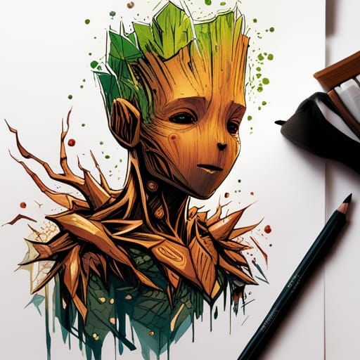 Intricate Golden Groot Digital Painting