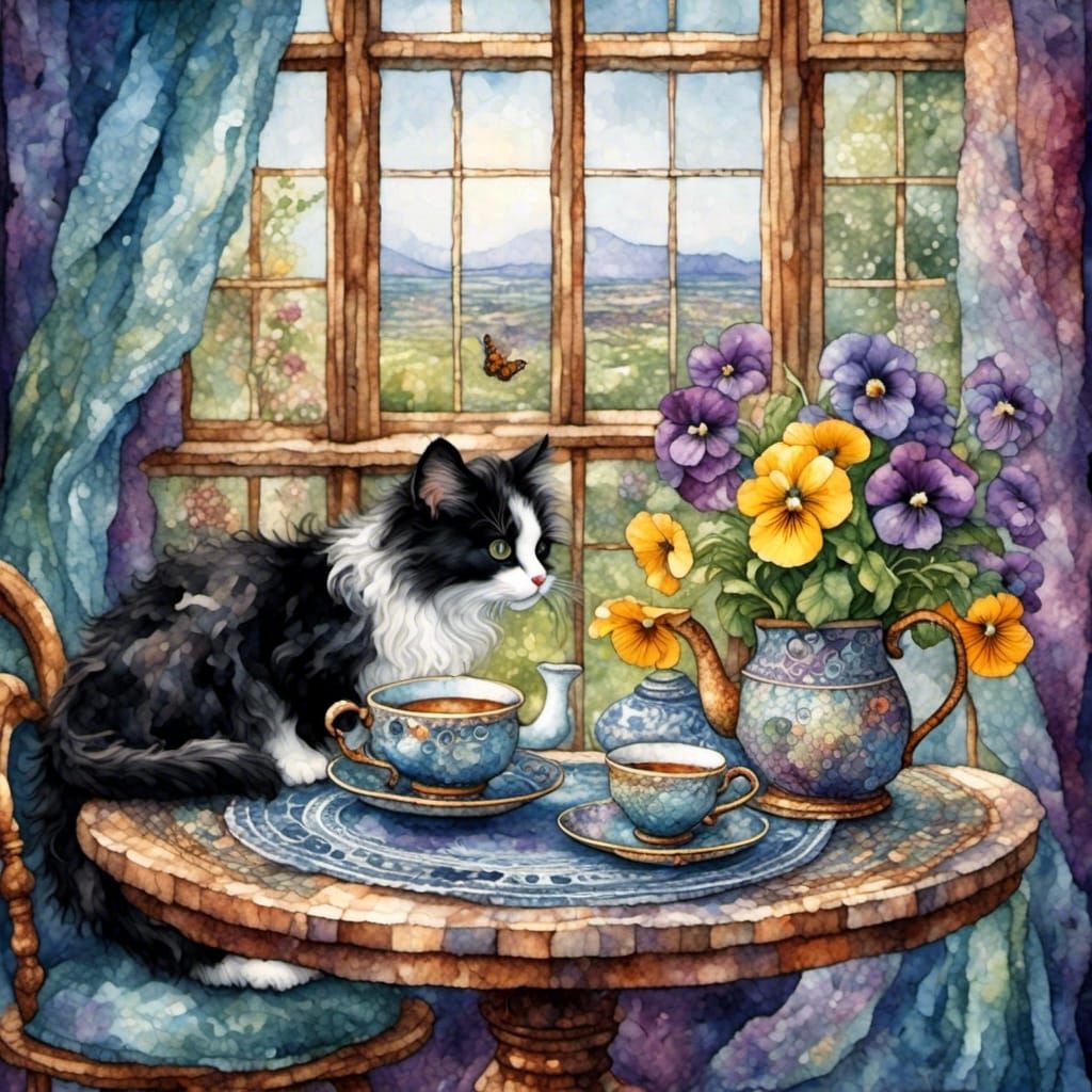 Watercolor Kitten with Pansy Teapot and Teacup