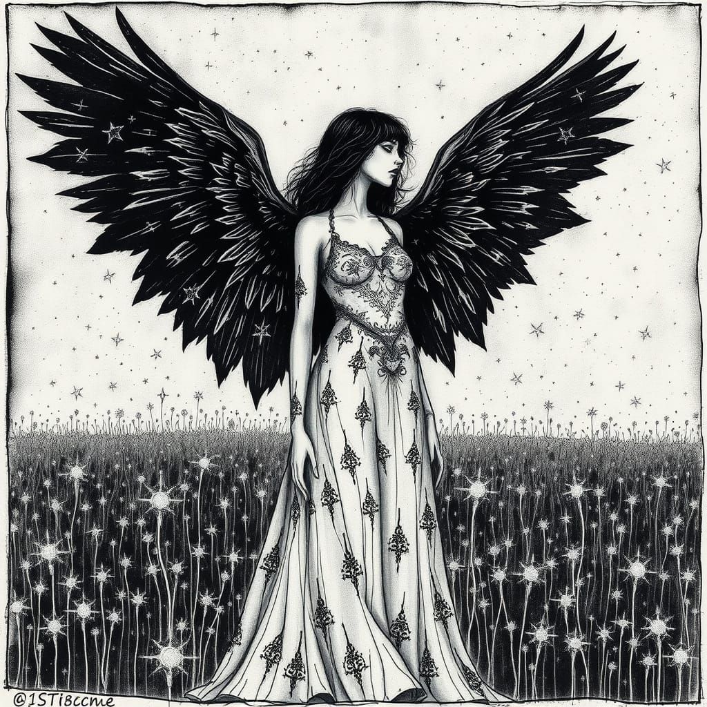 Gothic Woman with Raven Wings in Etching Style