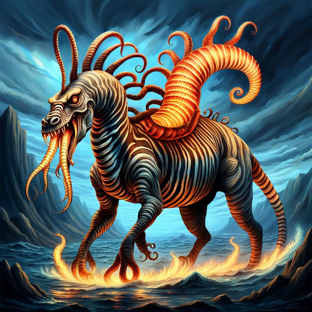 Extinct Quagga Kraken Hybrid with Fiery Writing Tentacles