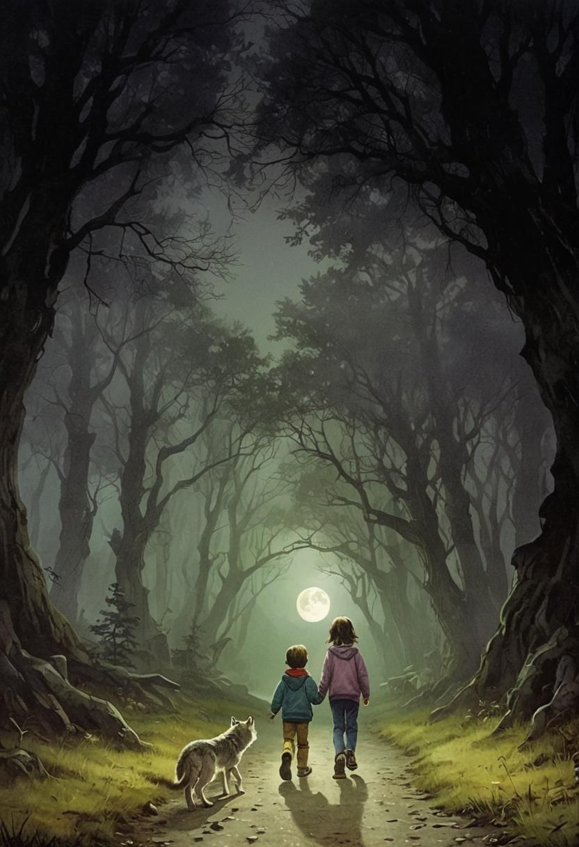 Foggy Forest: Children, Wolf, and Moonlit Cave