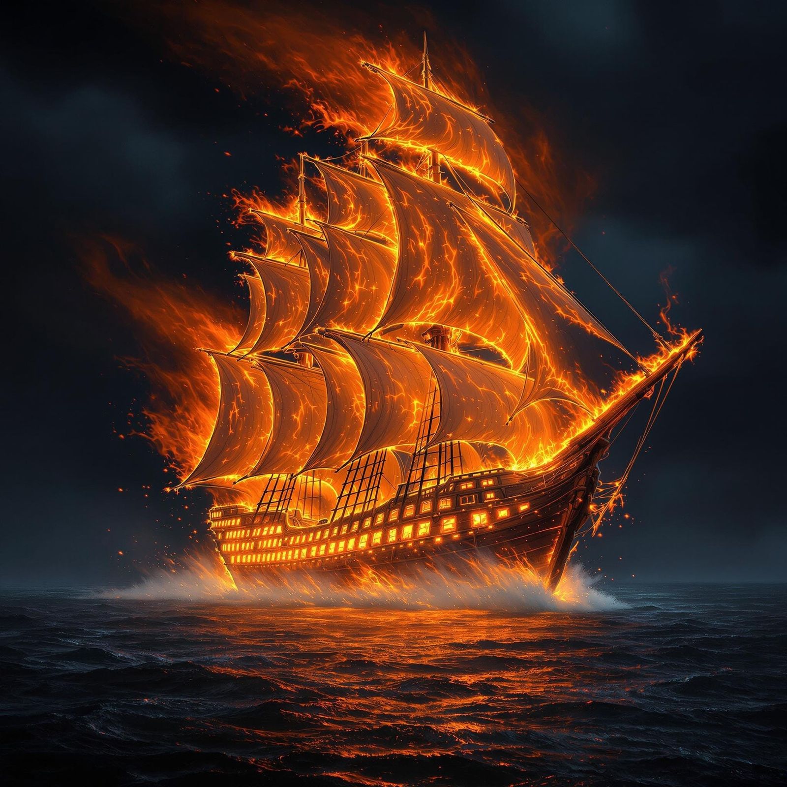 Fiery Ghost Pirate Ship on Dark Ocean