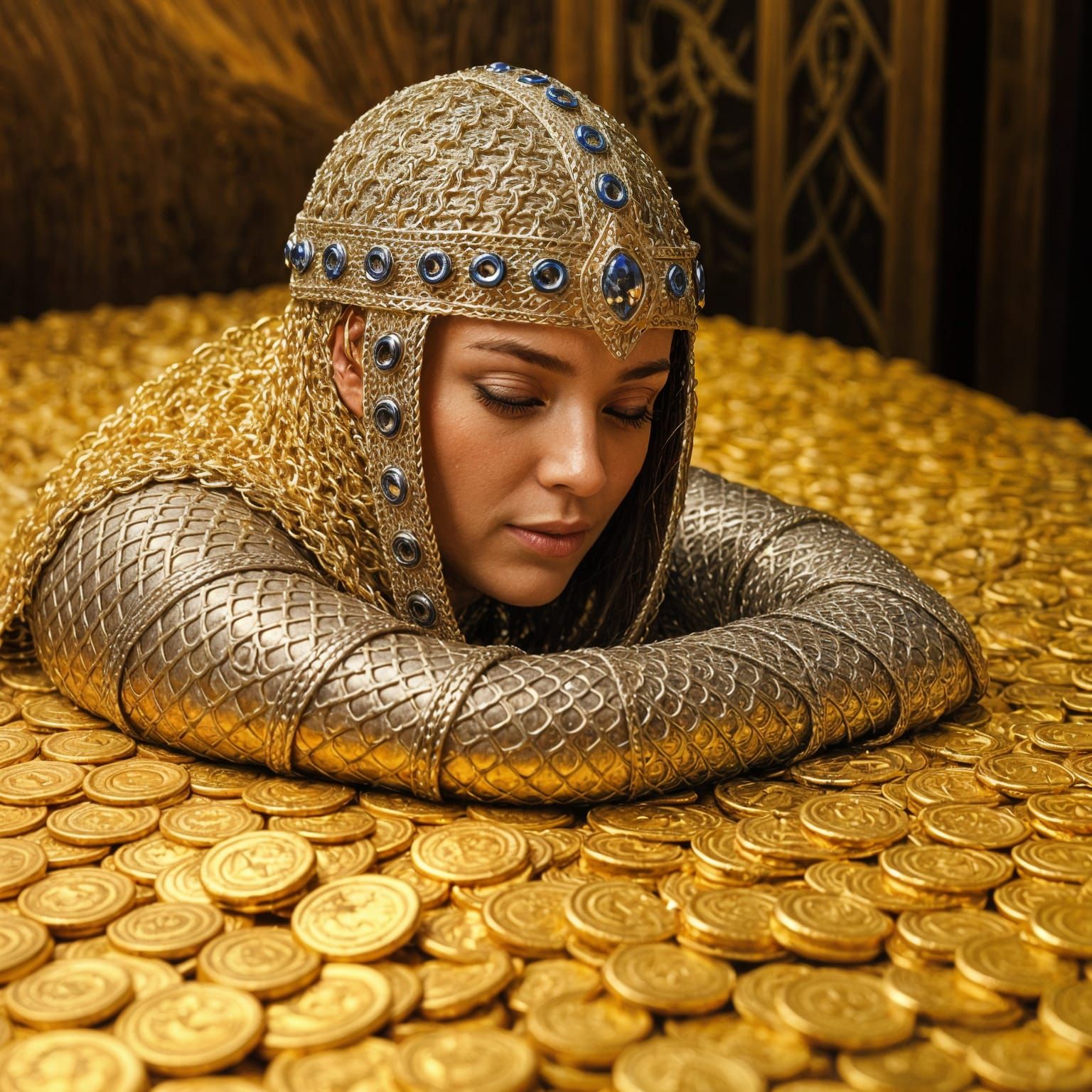 Detailed Chainmail Coif Resting on Gleaming Gold