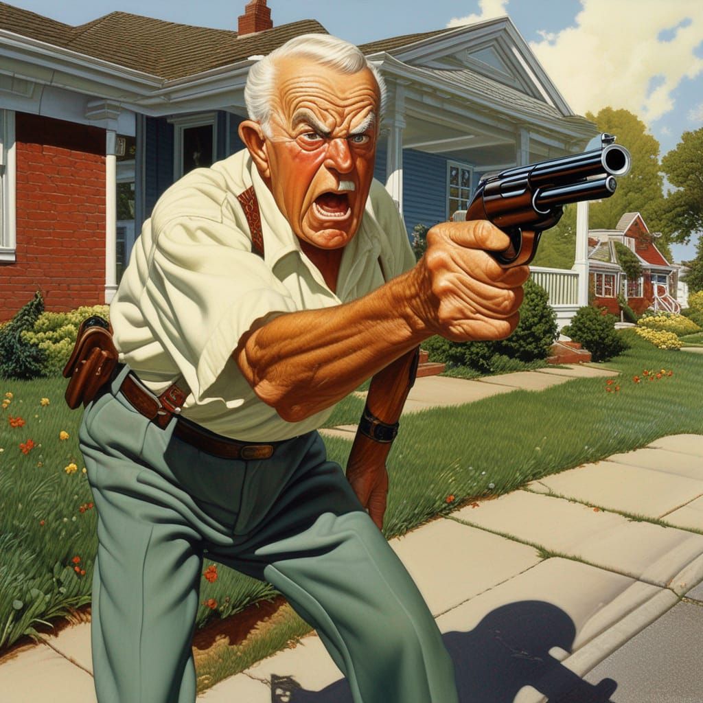 Angry Man with Shotgun in Rockwell Style