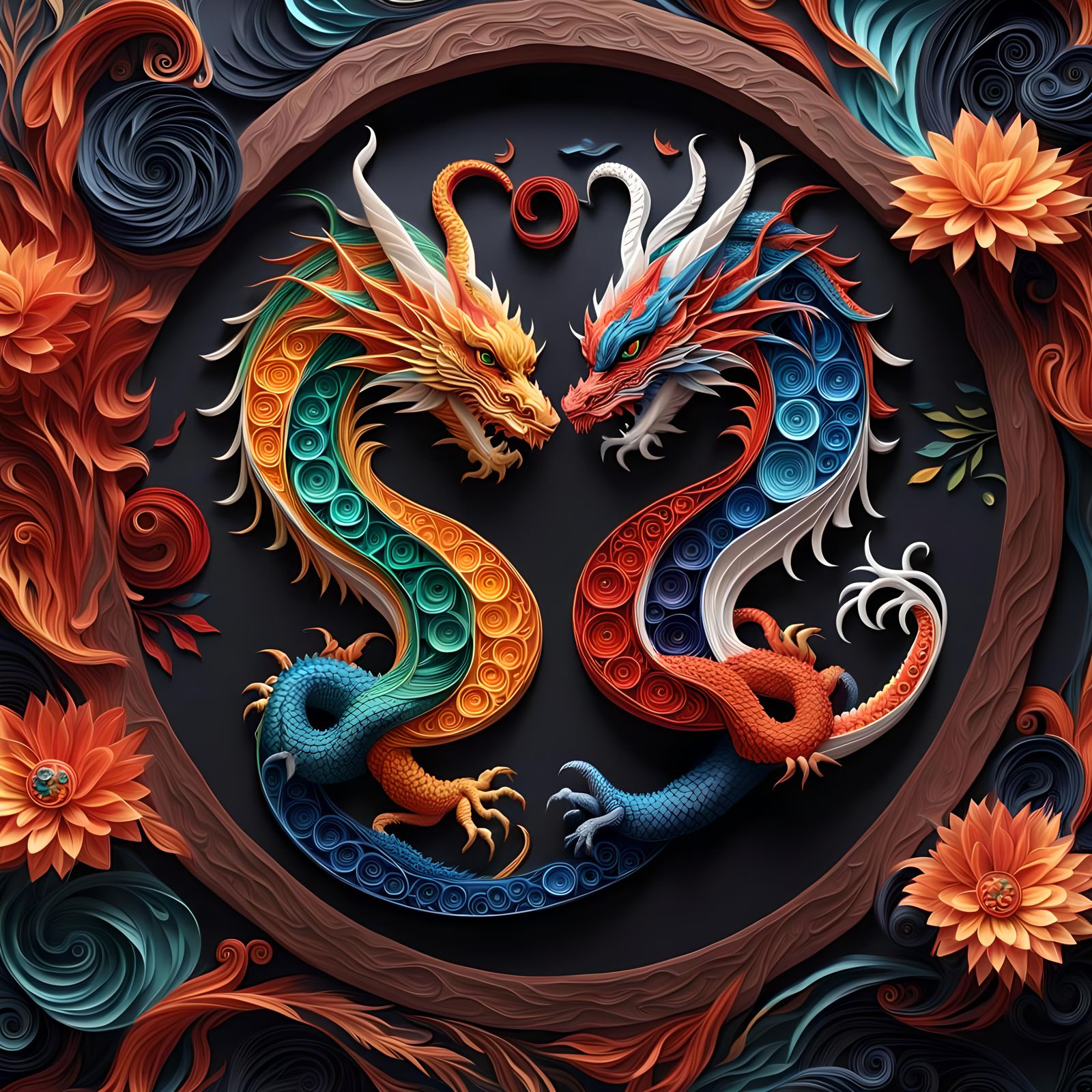 Yin Yang Dragons in Quilled Paper Art