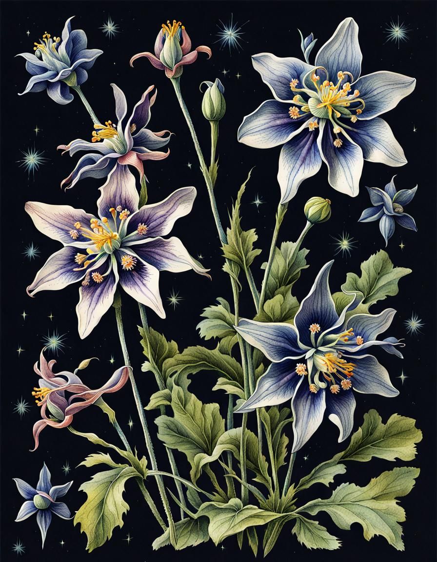 Botanical Ink Sketch of Columbine Flowers
