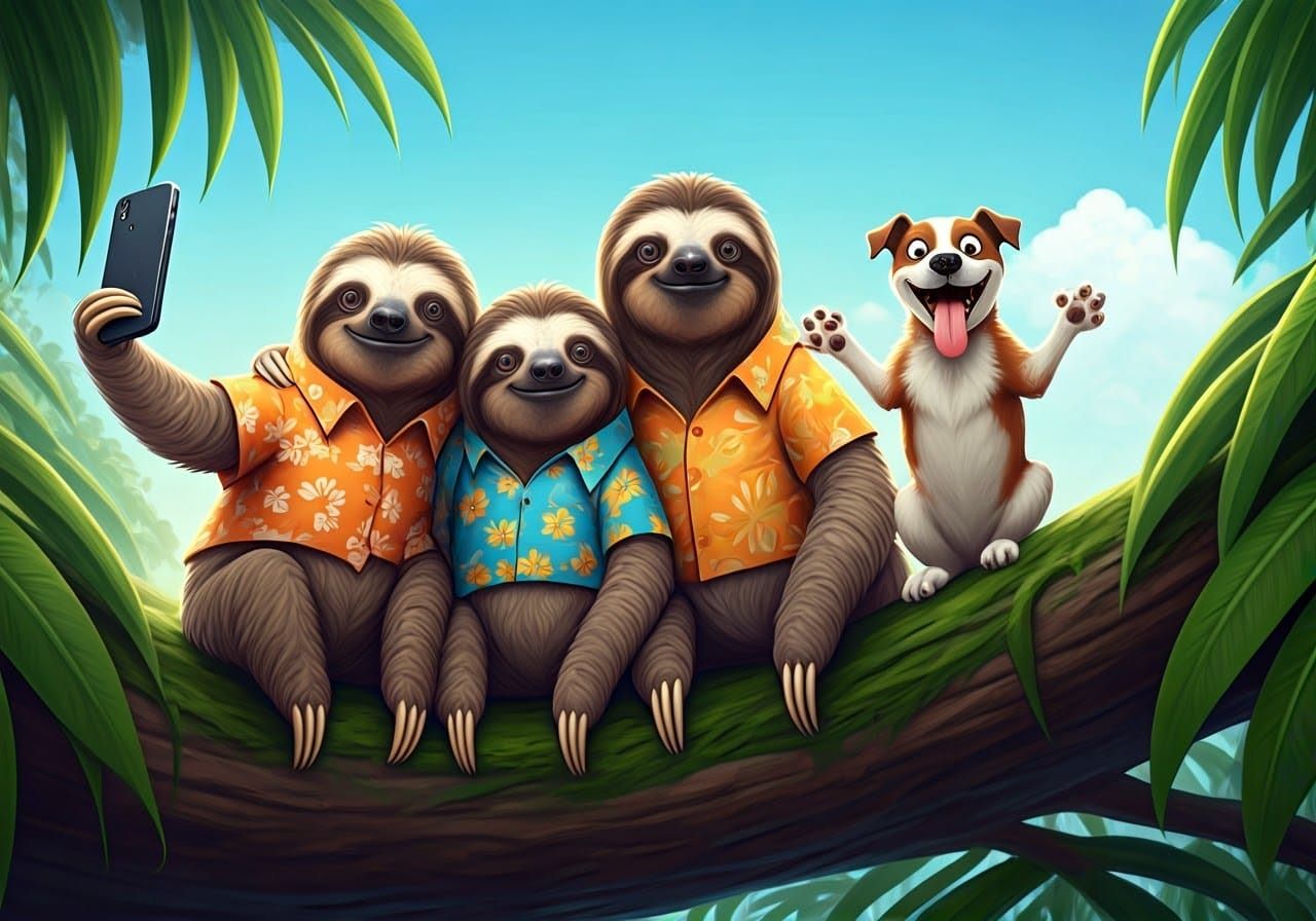 Sloths Selfie with Dog in Loish Style