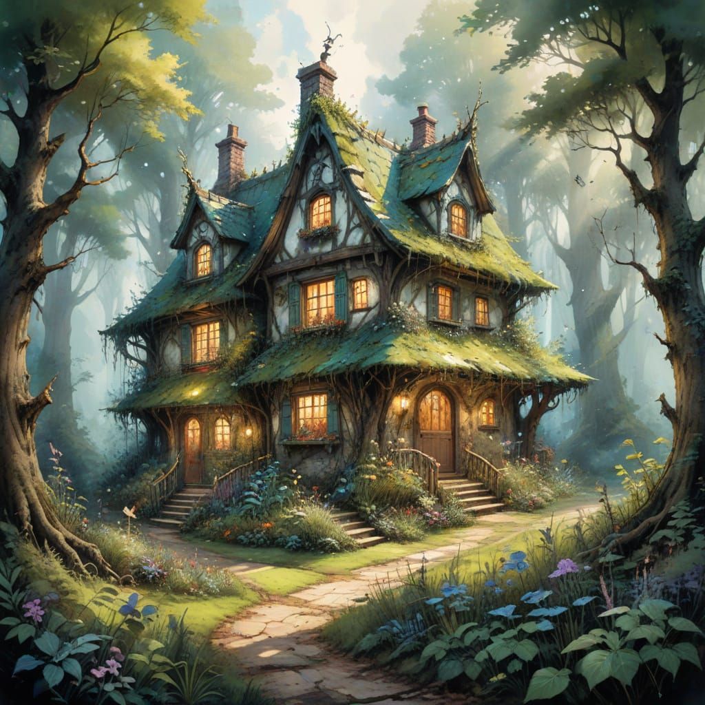 Witchy Cottage in Hyperrealistic Garden