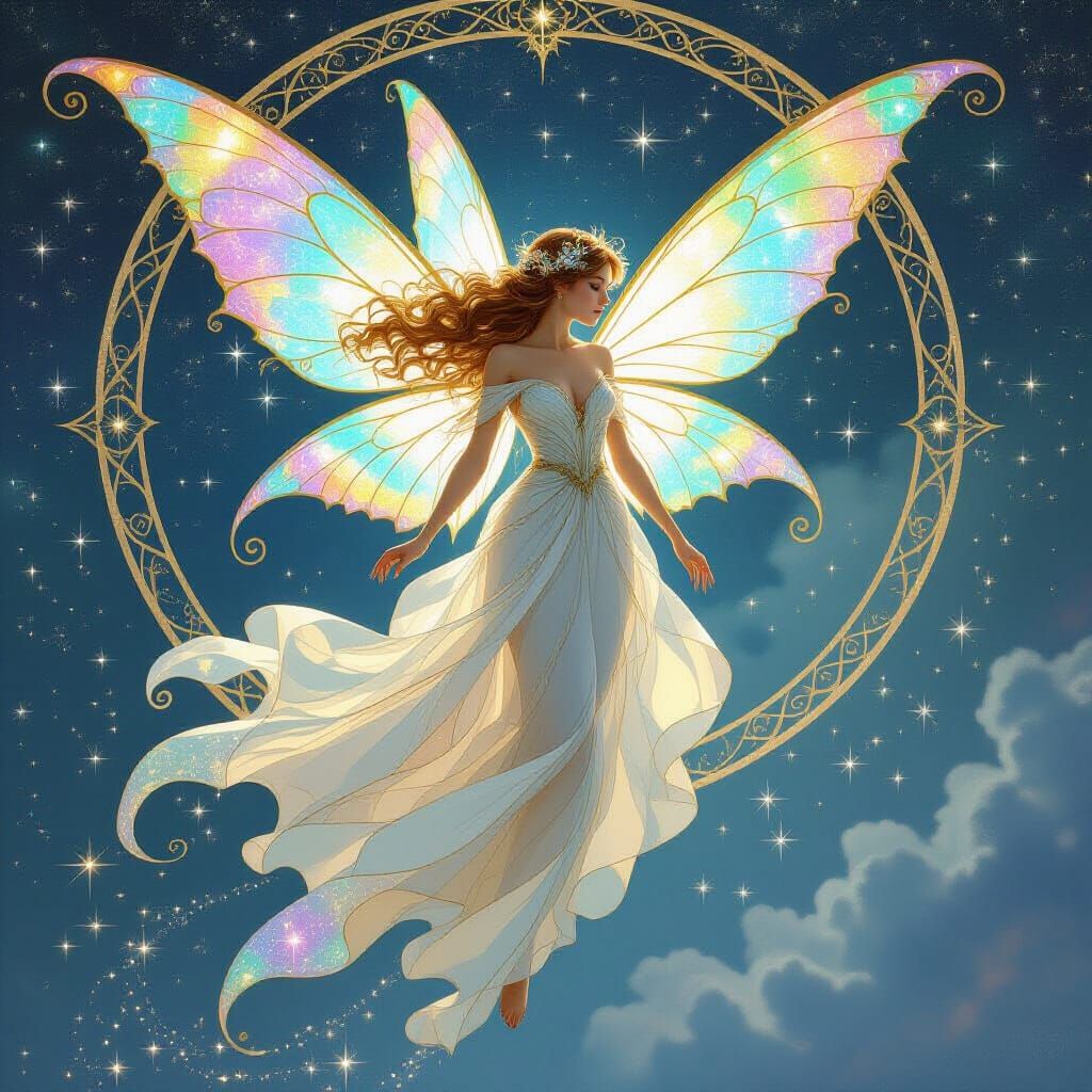 Starlight Fairy Drifting Through Space in Art Nouveau Style